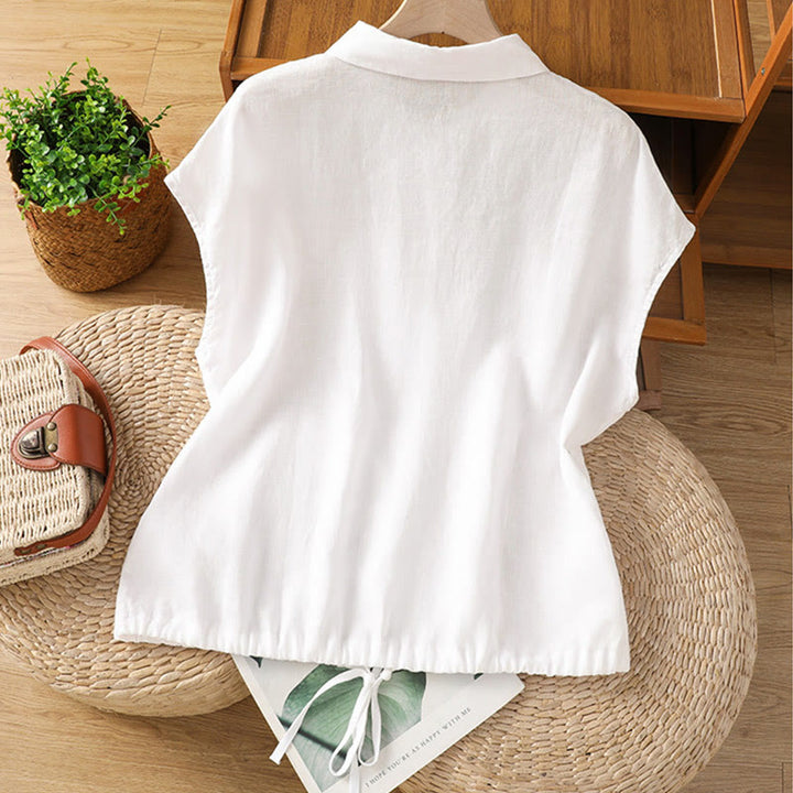 Buddha Stones Summer Plain Color Button Short Sleeve Women's Cotton Shirt - image 10