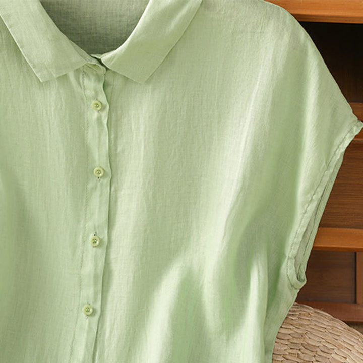 Buddha Stones Summer Plain Color Button Short Sleeve Women's Cotton Shirt - image 19