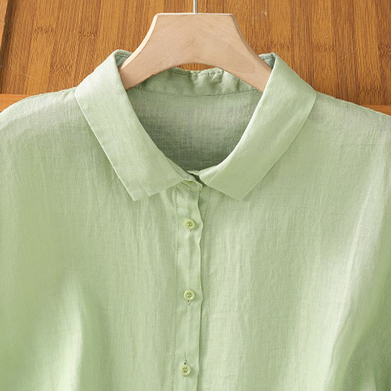 Buddha Stones Summer Plain Color Button Short Sleeve Women's Cotton Shirt - image 18