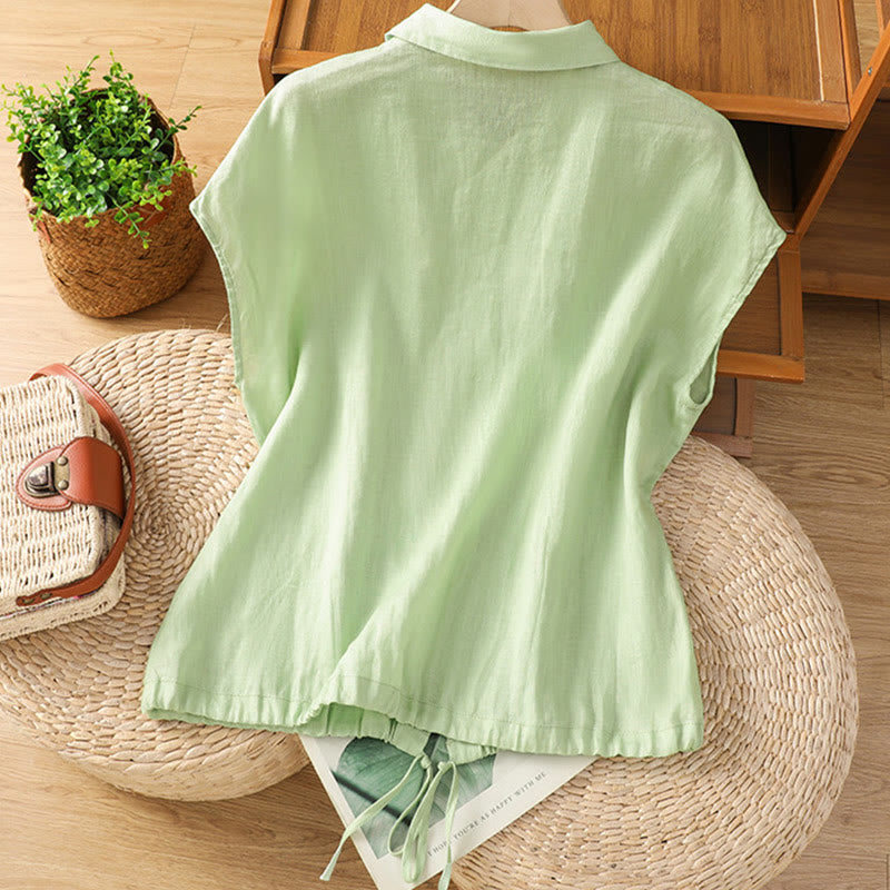 Buddha Stones Summer Plain Color Button Short Sleeve Women's Cotton Shirt - image 16