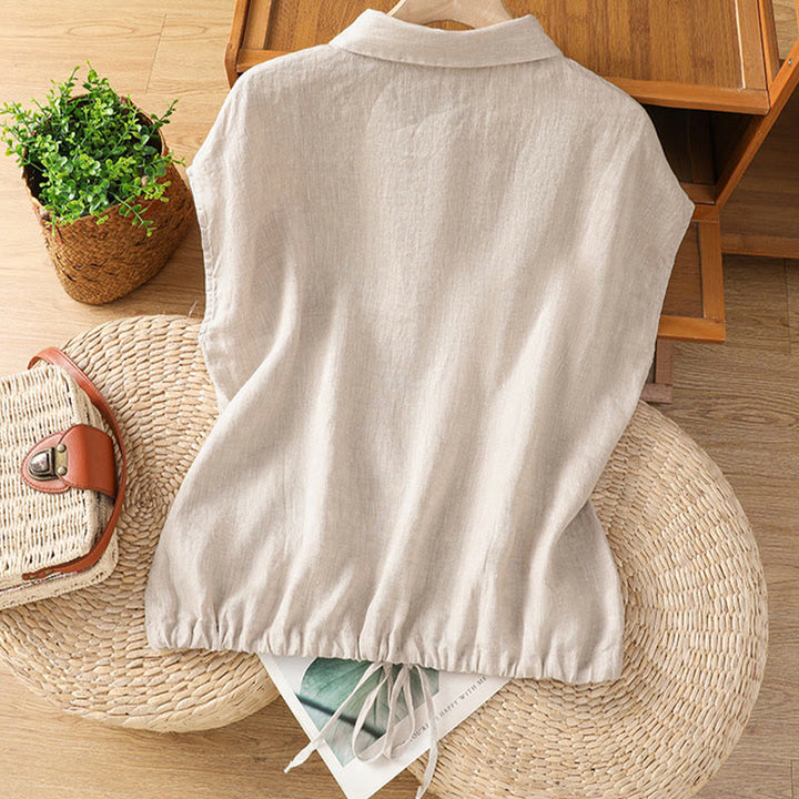 Buddha Stones Summer Plain Color Button Short Sleeve Women's Cotton Shirt - image 25