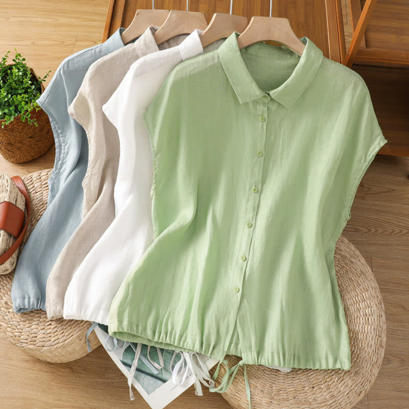 Buddha Stones Summer Plain Color Button Short Sleeve Women's Cotton Shirt - image 2