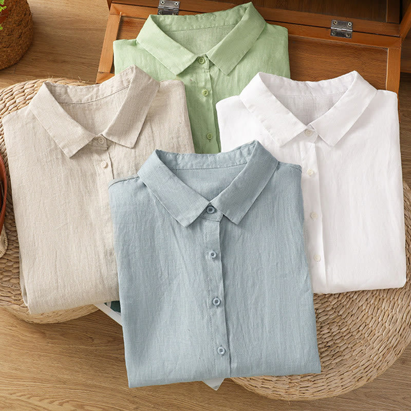 Buddha Stones Summer Plain Color Button Short Sleeve Women's Cotton Shirt - image 3