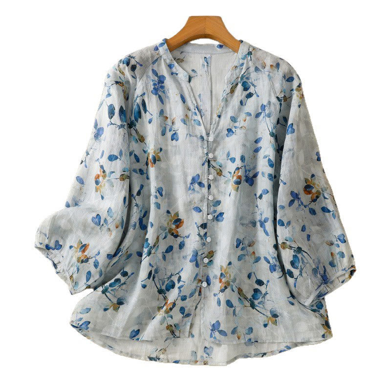 Buddha Stones Blue Floral V-Neck Three Quarter Sleeve Women's Cotton Shirt - image 17