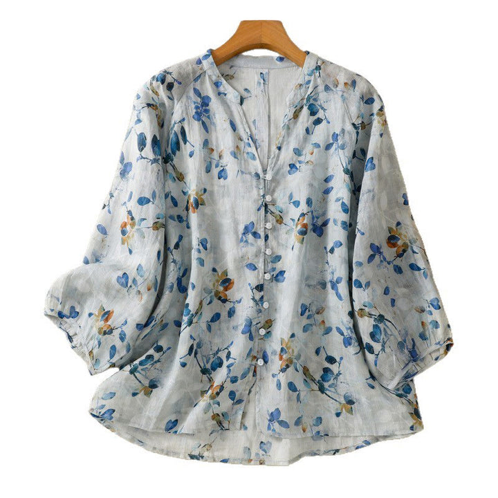 Buddha Stones Blue Floral V-Neck Three Quarter Sleeve Women's Cotton Shirt - image 17
