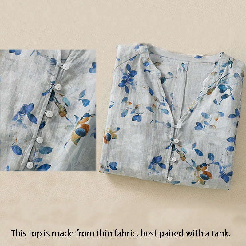 Buddha Stones Blue Floral V-Neck Three Quarter Sleeve Women's Cotton Shirt - image 4