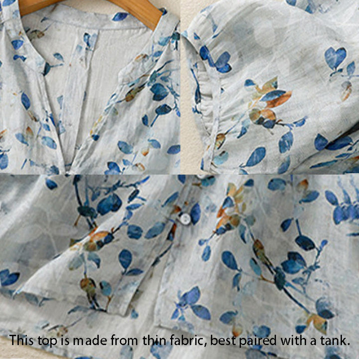 Buddha Stones Blue Floral V-Neck Three Quarter Sleeve Women's Cotton Shirt - image 15
