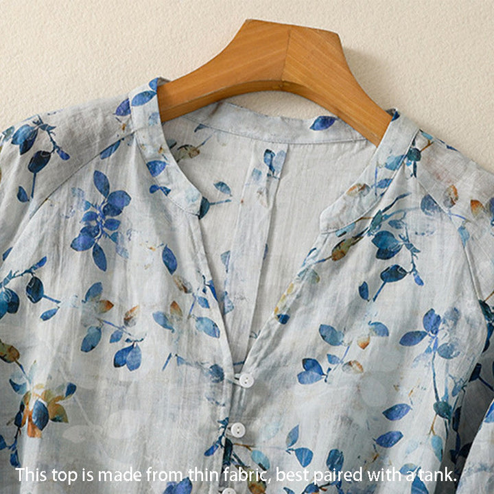 Buddha Stones Blue Floral V-Neck Three Quarter Sleeve Women's Cotton Shirt - image 6