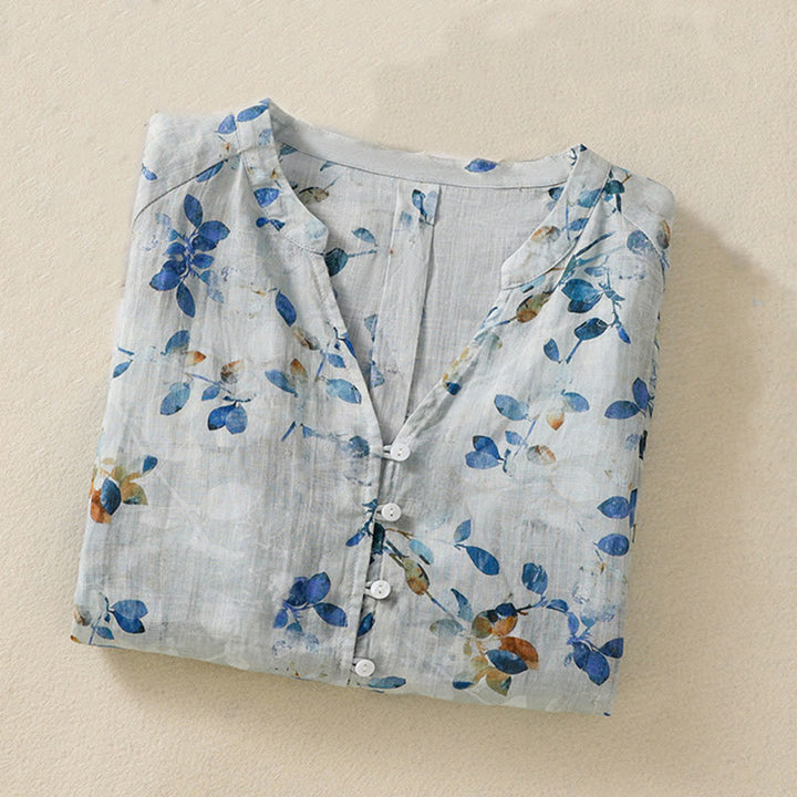 Buddha Stones Blue Floral V-Neck Three Quarter Sleeve Women's Cotton Shirt - image 3