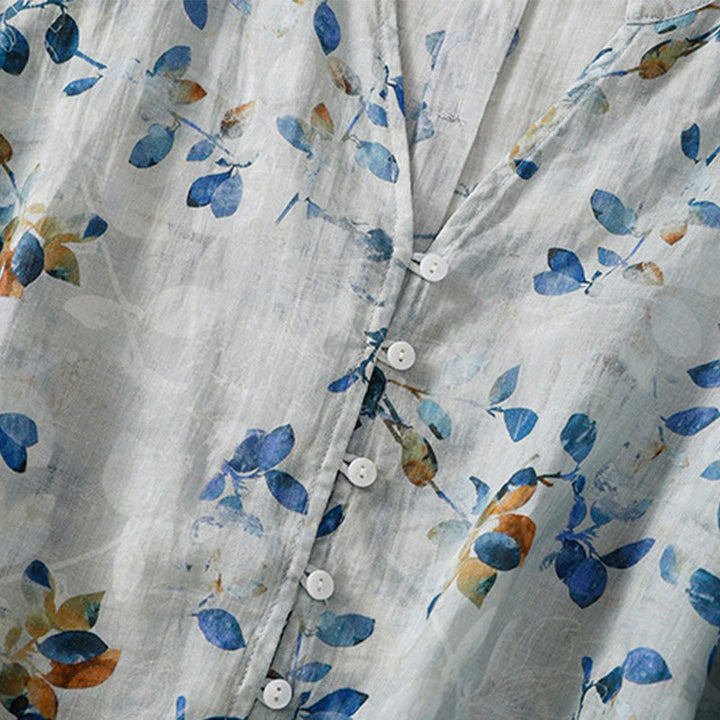 Buddha Stones Blue Floral V-Neck Three Quarter Sleeve Women's Cotton Shirt - image 10