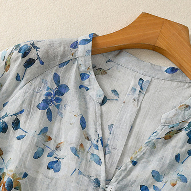 Buddha Stones Blue Floral V-Neck Three Quarter Sleeve Women's Cotton Shirt - image 8