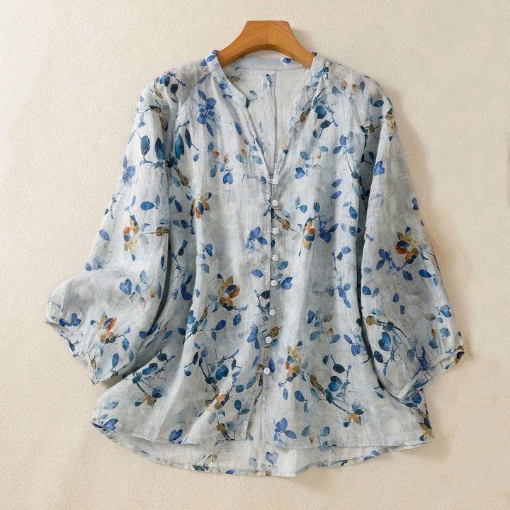 Buddha Stones Blue Floral V-Neck Three Quarter Sleeve Women's Cotton Shirt - LightBlue - US14，UK/AU18，EU46 (2XL) - image 1