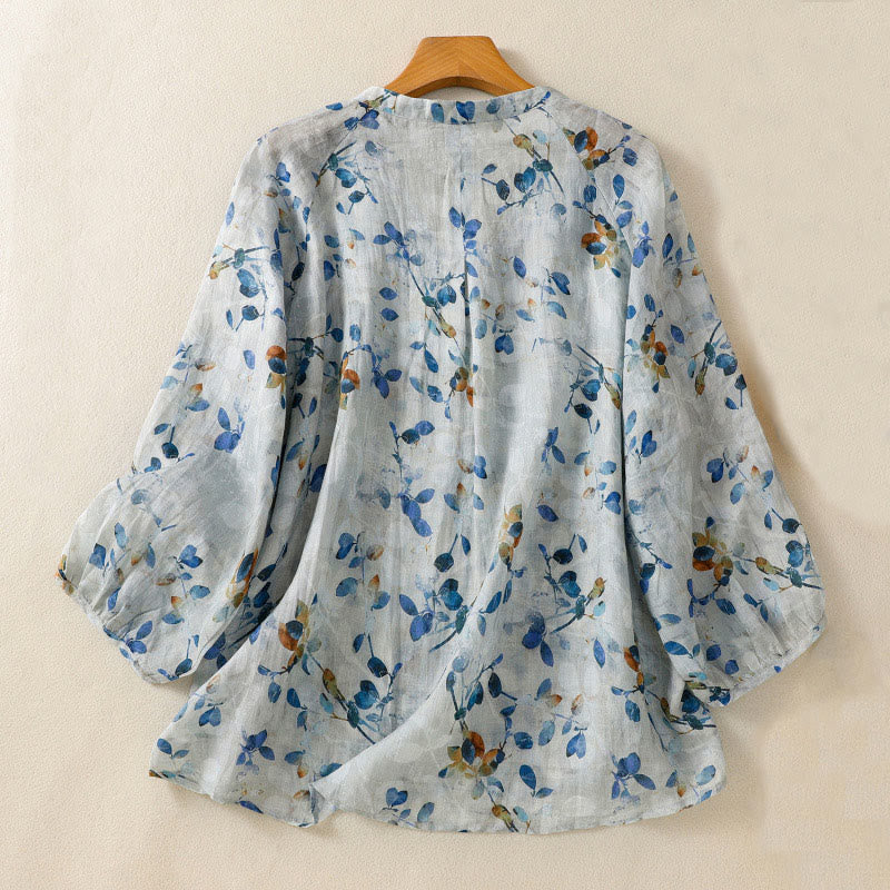 Buddha Stones Blue Floral V-Neck Three Quarter Sleeve Women's Cotton Shirt - image 1