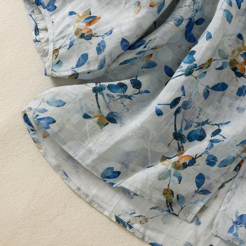 Buddha Stones Blue Floral V-Neck Three Quarter Sleeve Women's Cotton Shirt - image 12