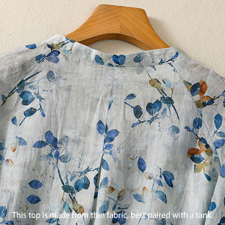 Buddha Stones Blue Floral V-Neck Three Quarter Sleeve Women's Cotton Shirt - image 7