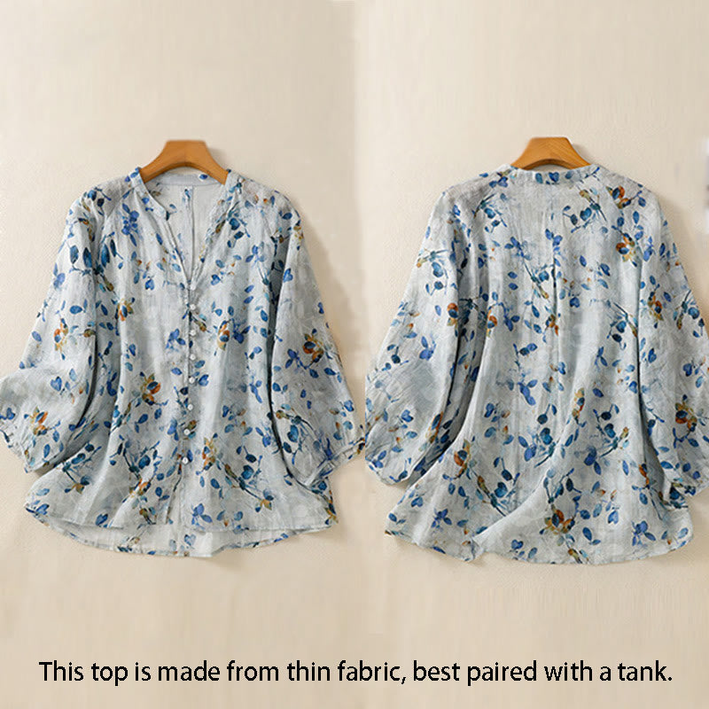 Buddha Stones Blue Floral V-Neck Three Quarter Sleeve Women's Cotton Shirt - image 5