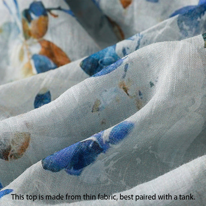 Buddha Stones Blue Floral V-Neck Three Quarter Sleeve Women's Cotton Shirt - image 15