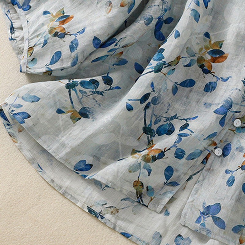 Buddha Stones Blue Floral V-Neck Three Quarter Sleeve Women's Cotton Shirt - image 11