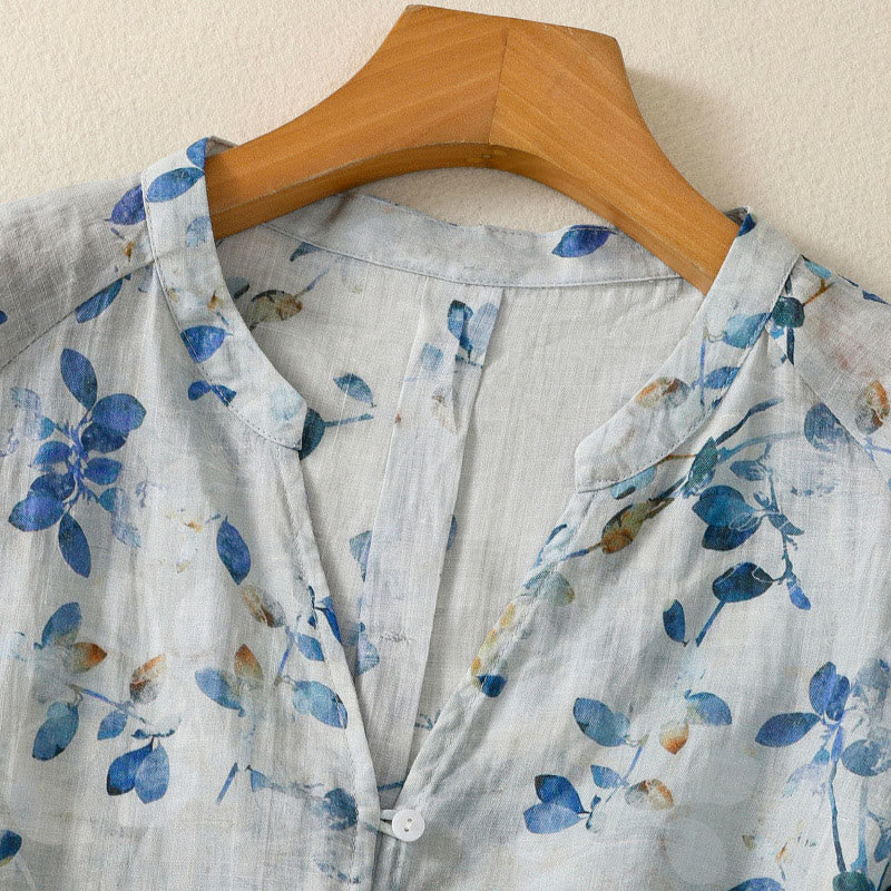 Buddha Stones Blue Floral V-Neck Three Quarter Sleeve Women's Cotton Shirt - image 9