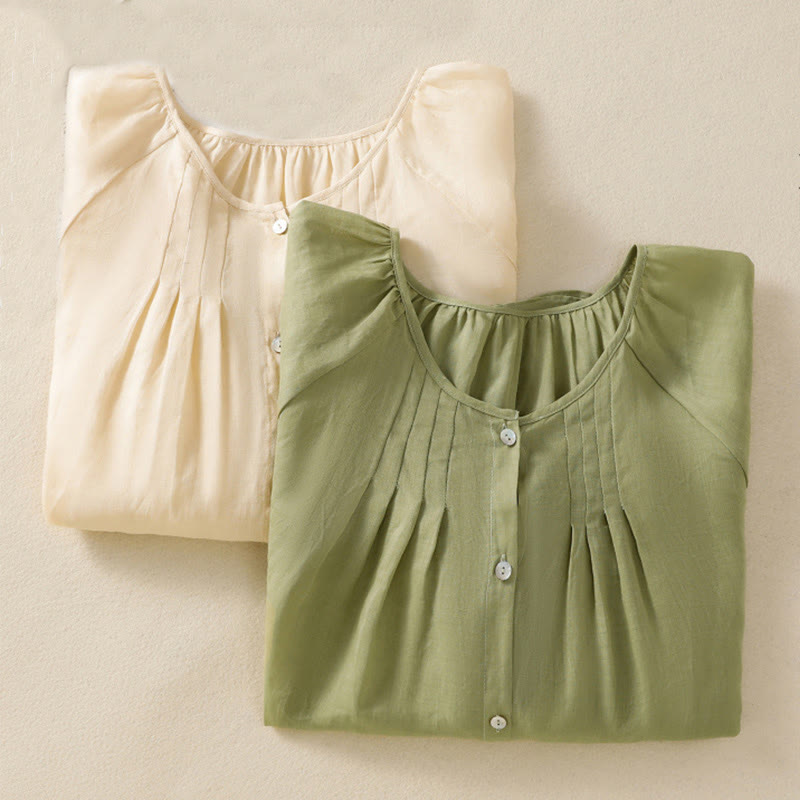 Buddha Stones Plain Button Crew Neck Three Quarter Sleeve Women's Cotton Shirt - image 1