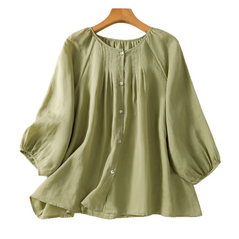 Buddha Stones Plain Button Crew Neck Three Quarter Sleeve Women's Cotton Shirt - image 11
