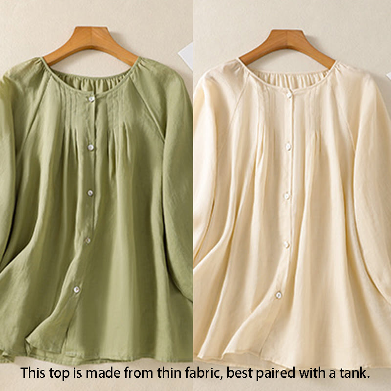 Buddha Stones Plain Button Crew Neck Three Quarter Sleeve Women's Cotton Shirt - image 25