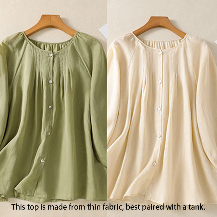 Buddha Stones Plain Button Crew Neck Three Quarter Sleeve Women's Cotton Shirt - image 25