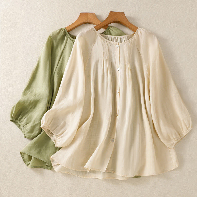 Buddha Stones Plain Button Crew Neck Three Quarter Sleeve Women's Cotton Shirt - image 1