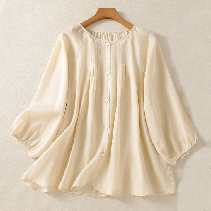 Buddha Stones Plain Button Crew Neck Three Quarter Sleeve Women's Cotton Shirt - Beige - US14，UK/AU18，EU46 (2XL) - image 13