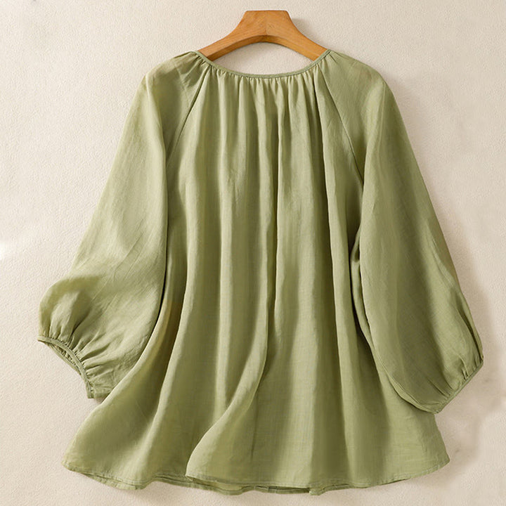 Buddha Stones Plain Button Crew Neck Three Quarter Sleeve Women's Cotton Shirt - image 4