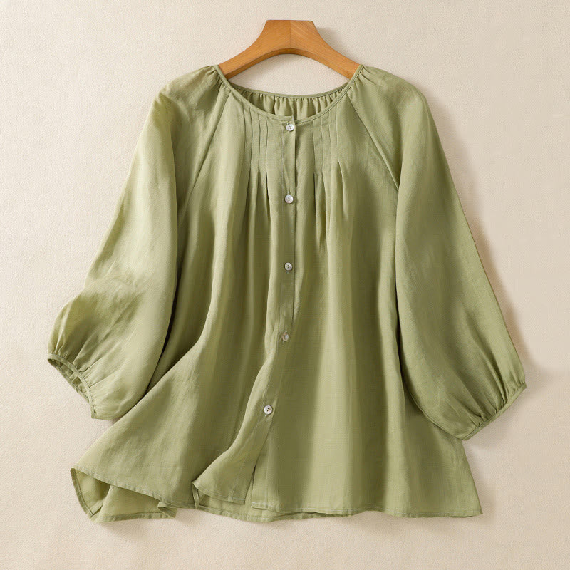Buddha Stones Plain Button Crew Neck Three Quarter Sleeve Women's Cotton Shirt - YellowGreen - US14，UK/AU18，EU46 (2XL) - image 3
