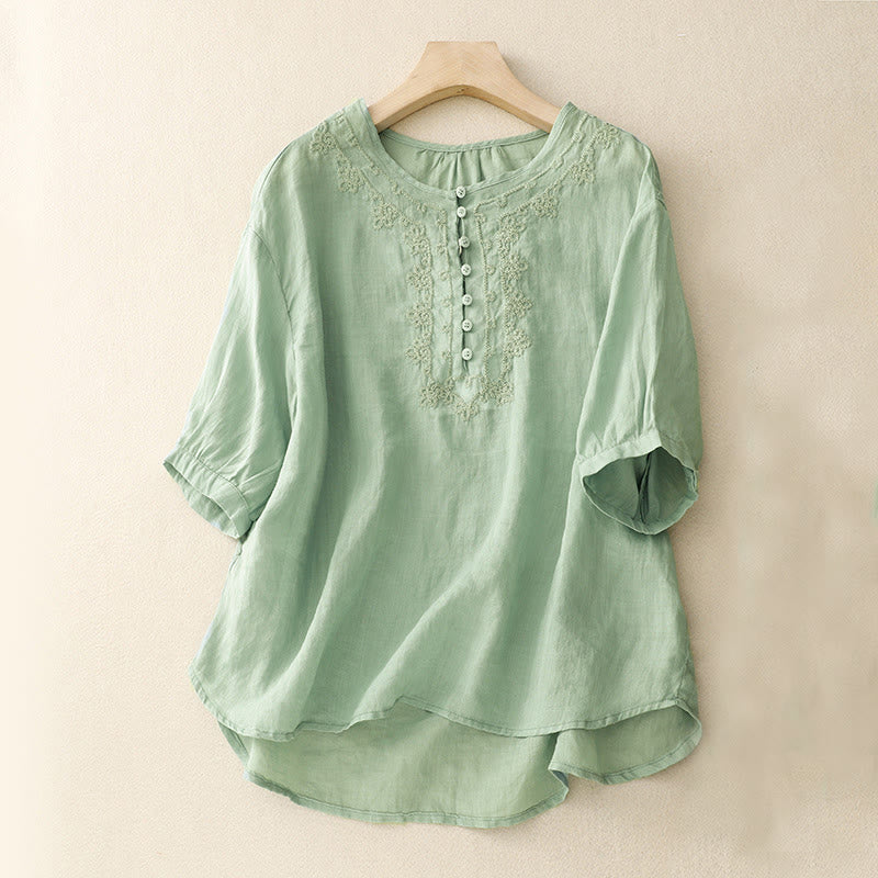 Buddha Stones Line Embroidery Button Crew Neck Half Sleeve Women's Cotton Shirt - LightBlue - US14，UK/AU18，EU46 (2XL) - image 1