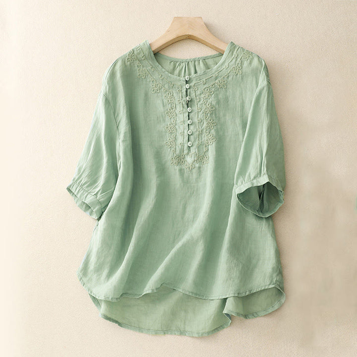 Buddha Stones Line Embroidery Button Crew Neck Half Sleeve Women's Cotton Shirt - LightBlue - US14，UK/AU18，EU46 (2XL) - image 1