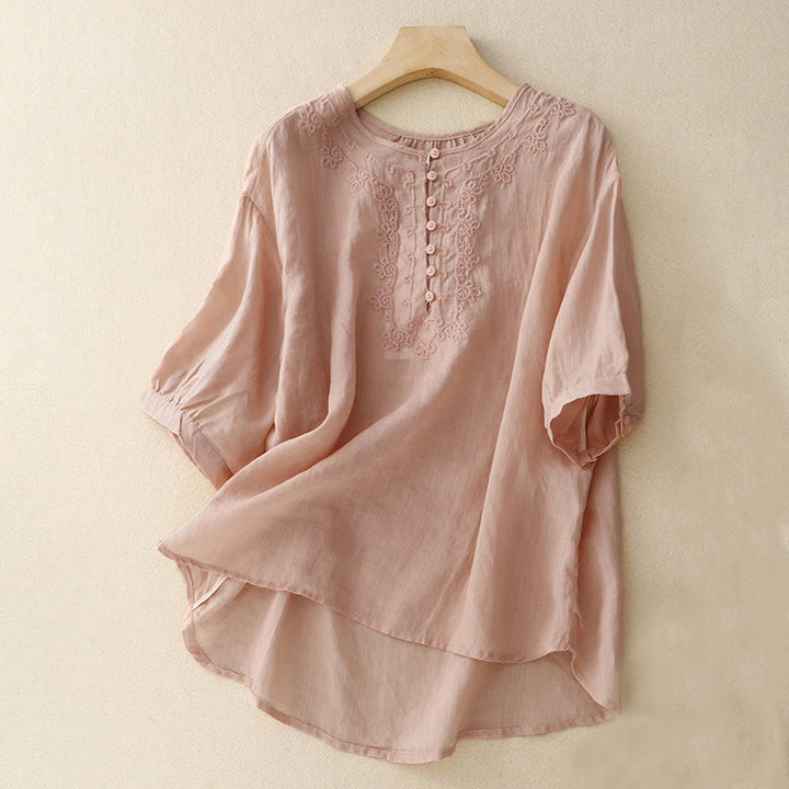 Buddha Stones Line Embroidery Button Crew Neck Half Sleeve Women's Cotton Shirt - Pink - US14，UK/AU18，EU46 (2XL) - image 12