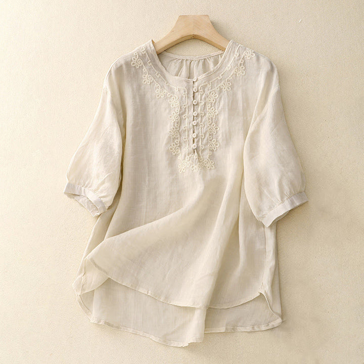 Buddha Stones Line Embroidery Button Crew Neck Half Sleeve Women's Cotton Shirt - Linen - US14，UK/AU18，EU46 (2XL) - image 6
