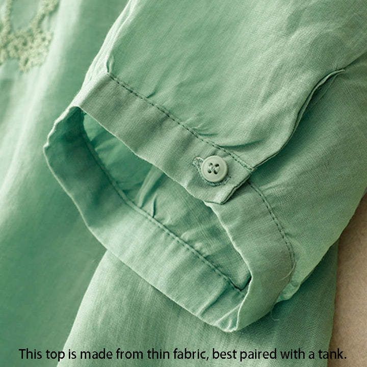 Buddha Stones Line Embroidery Button Crew Neck Half Sleeve Women's Cotton Shirt - image 3