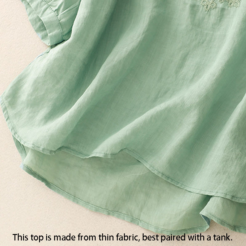 Buddha Stones Line Embroidery Button Crew Neck Half Sleeve Women's Cotton Shirt - image 2