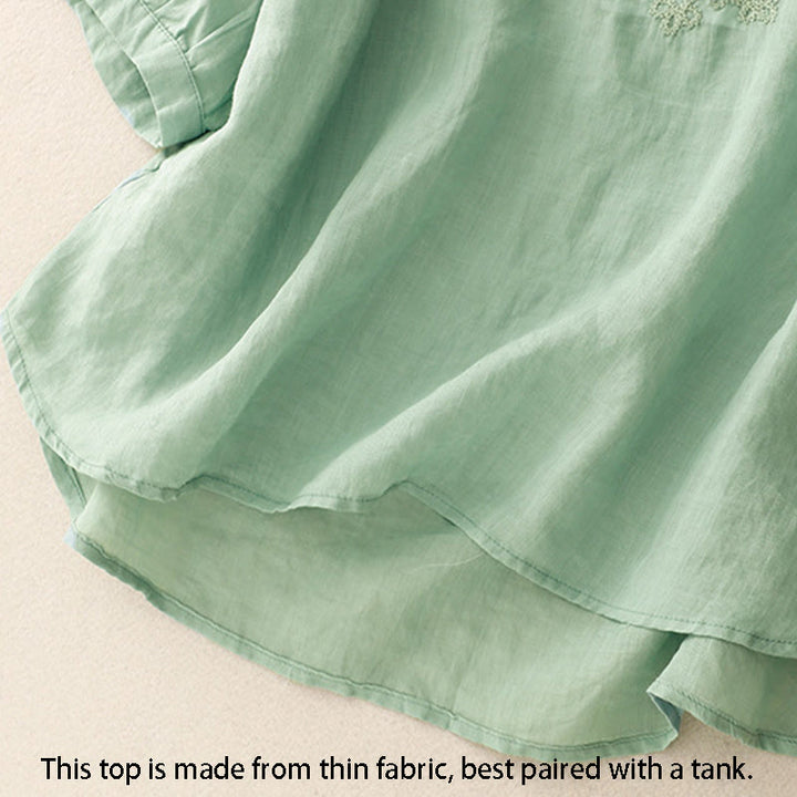 Buddha Stones Line Embroidery Button Crew Neck Half Sleeve Women's Cotton Shirt - image 2