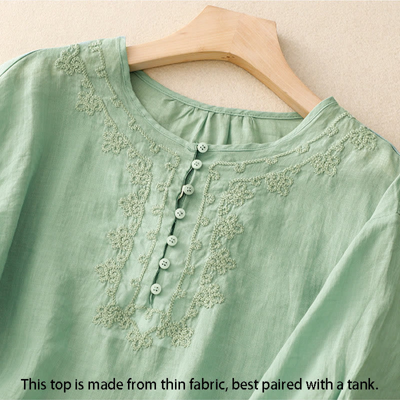 Buddha Stones Line Embroidery Button Crew Neck Half Sleeve Women's Cotton Shirt - image 2