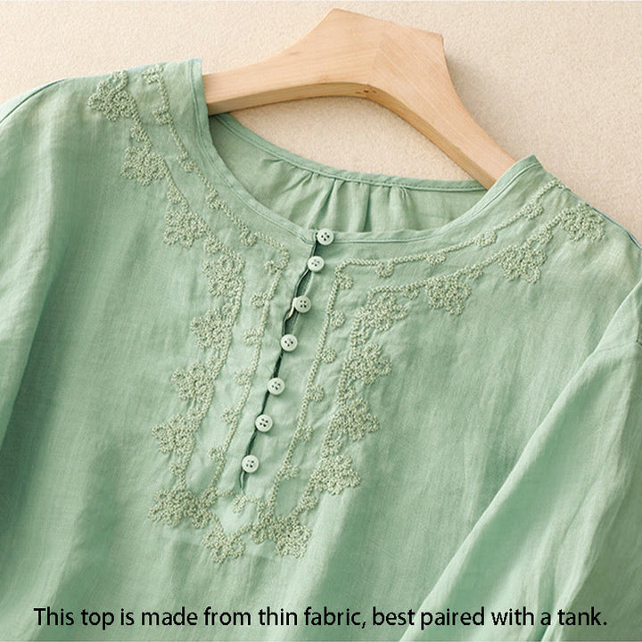 Buddha Stones Line Embroidery Button Crew Neck Half Sleeve Women's Cotton Shirt - image 2