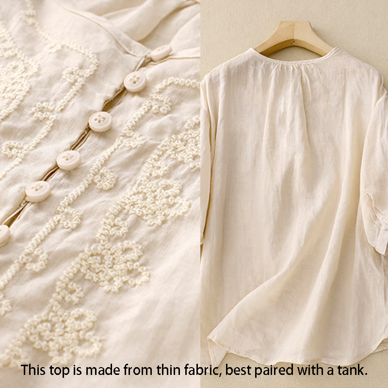 Buddha Stones Line Embroidery Button Crew Neck Half Sleeve Women's Cotton Shirt - image 11
