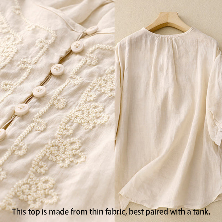 Buddha Stones Line Embroidery Button Crew Neck Half Sleeve Women's Cotton Shirt - image 11