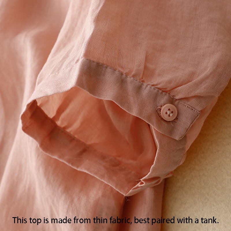 Buddha Stones Line Embroidery Button Crew Neck Half Sleeve Women's Cotton Shirt - image 15