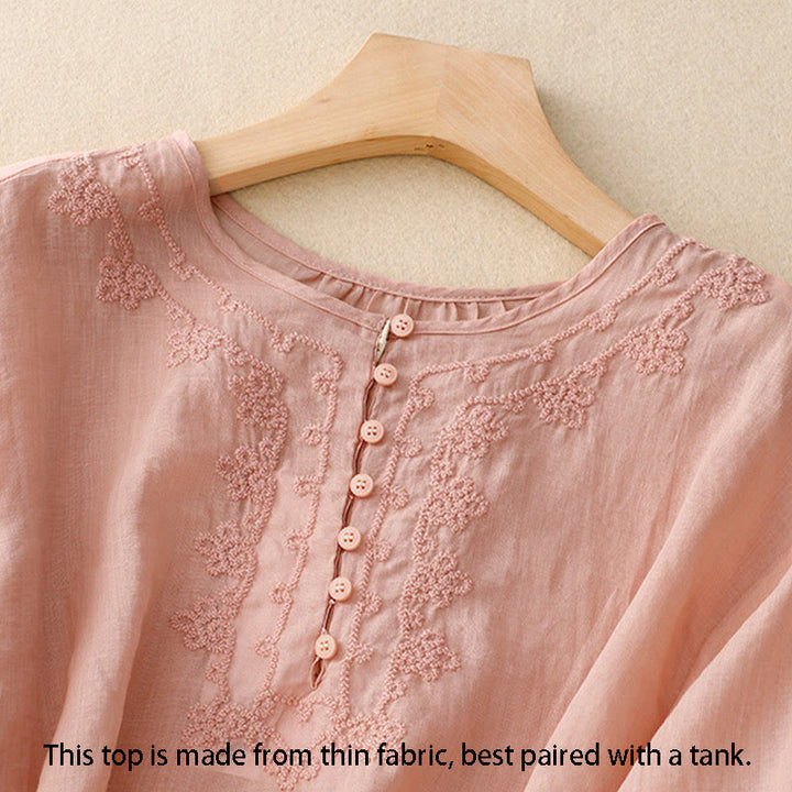 Buddha Stones Line Embroidery Button Crew Neck Half Sleeve Women's Cotton Shirt - image 14