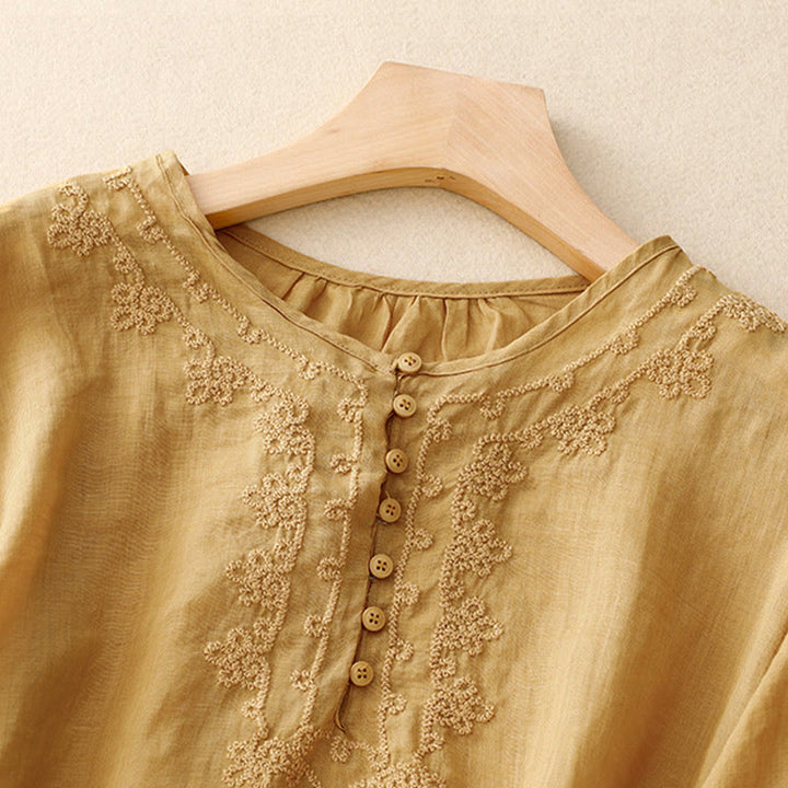 Buddha Stones Line Embroidery Button Crew Neck Half Sleeve Women's Cotton Shirt - image 21