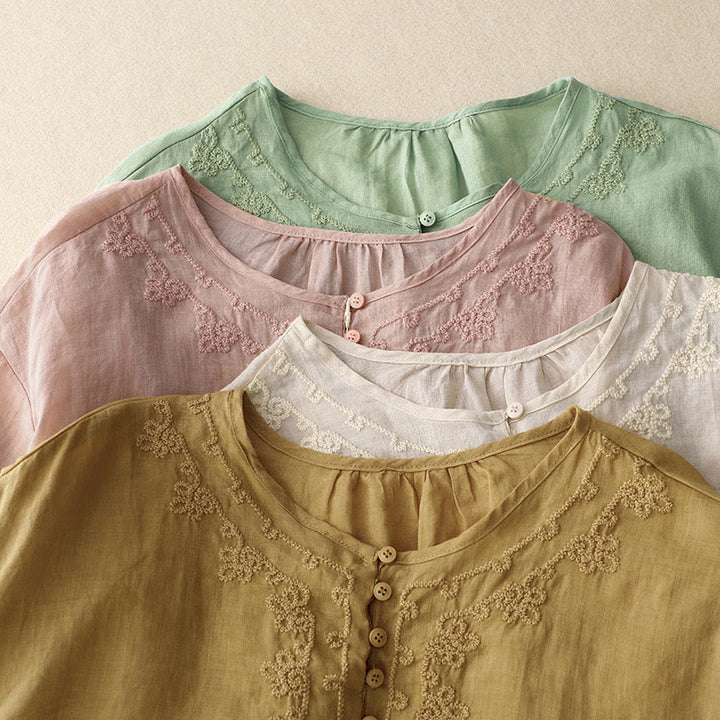Buddha Stones Line Embroidery Button Crew Neck Half Sleeve Women's Cotton Shirt - image 20