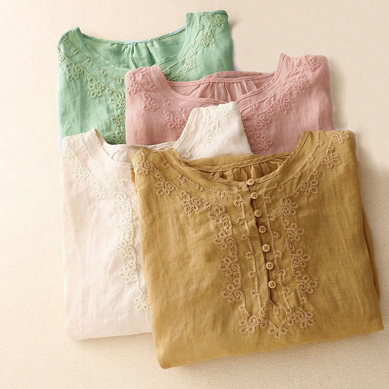 Buddha Stones Line Embroidery Button Crew Neck Half Sleeve Women's Cotton Shirt - image 19