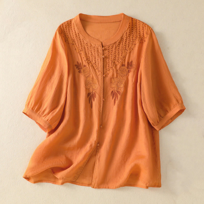 Buddha Stones Rose Floral Embroidery Button Half Sleeve Women's Cotton Shirt - Orange - US14，UK/AU18，EU46 (2XL) - image 24