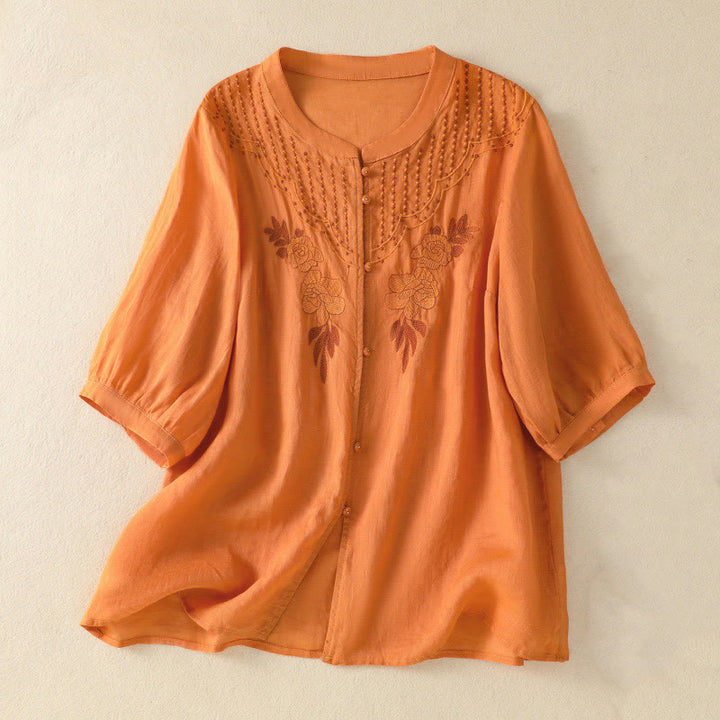 Buddha Stones Rose Floral Embroidery Button Half Sleeve Women's Cotton Shirt - Orange - US14，UK/AU18，EU46 (2XL) - image 24
