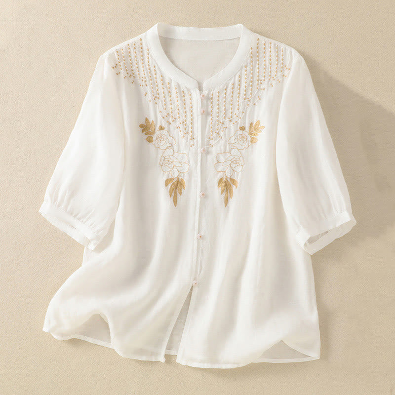 Buddha Stones Rose Floral Embroidery Button Half Sleeve Women's Cotton Shirt - White - US14，UK/AU18，EU46 (2XL) - image 33